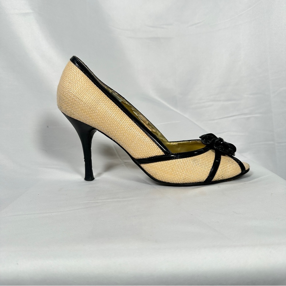 Beverly Feldman Raffia Peep Toe Heels Flower Rosette Coastal Grandma Size 9 - Picture 11 of 16